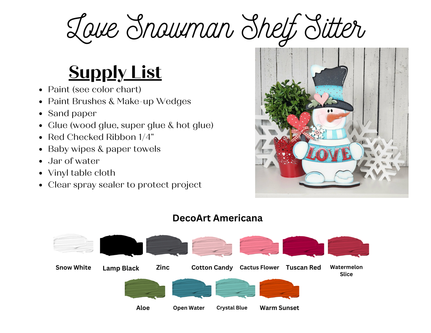 Janet's Craft Corner "Love Snowman Shelf Sitter" DIY kit includes a photo of the snowman decor holding a "LOVE" sign, paint swatches, and color names—ideal for handmade gifts or seasonal home decor. Set of 1.
