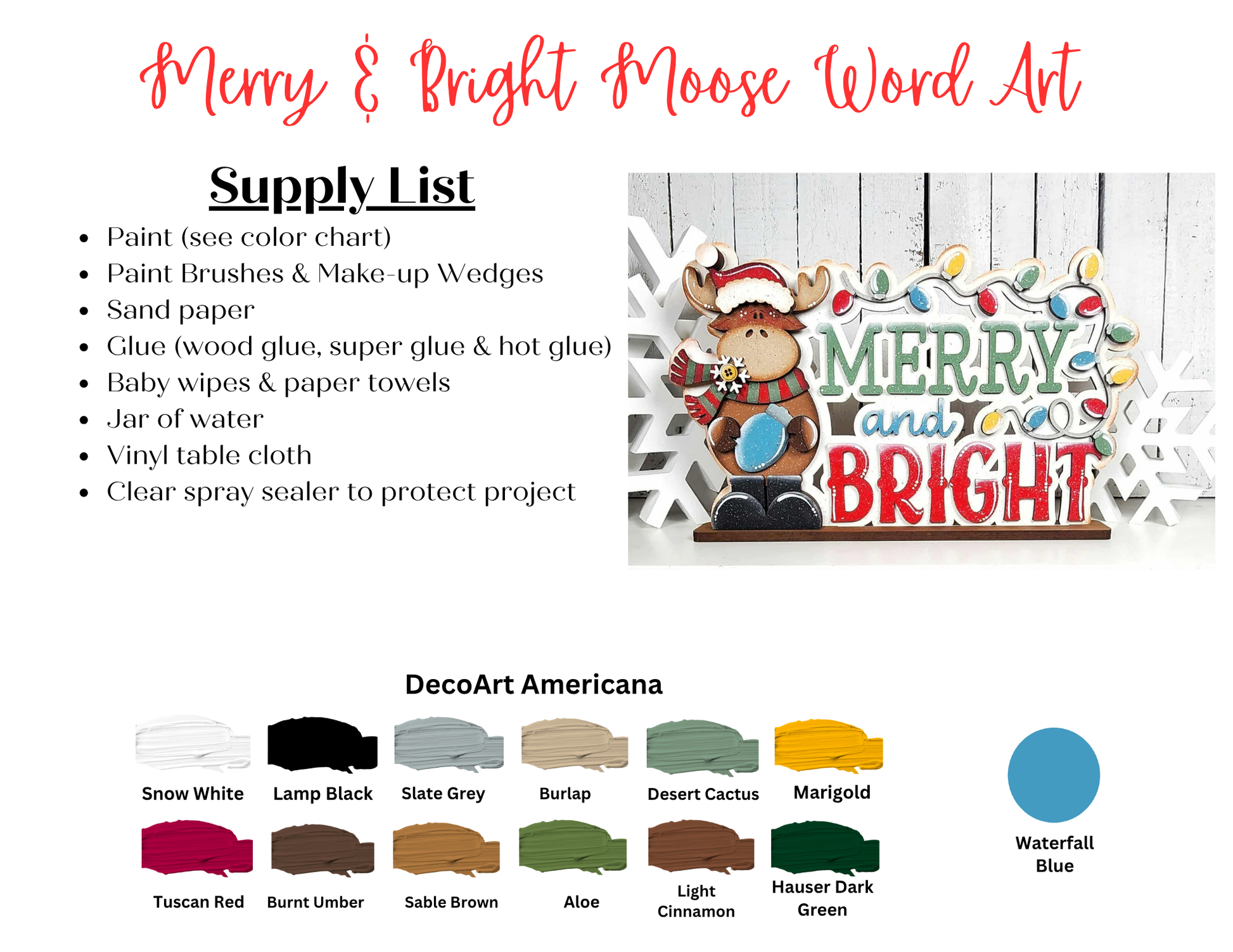 Create a festive DIY with Janet's Craft Corner Moose Merry and Bright Word Art Shelf Sitter kit—includes a painted wooden moose, paint samples, and materials for unique woodland-themed seasonal home decor. Set of 1.