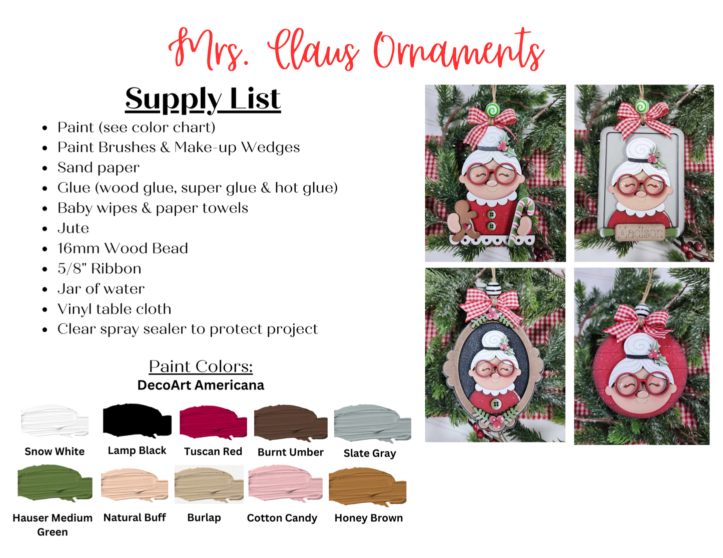 Janet's Craft Corner Mrs. Claus Ornaments kit includes a festive supply list, paint color chart, and four sample photos with Mrs. Claus faces, plaid bows, greenery, and wood beads—perfect for your holiday decorations.