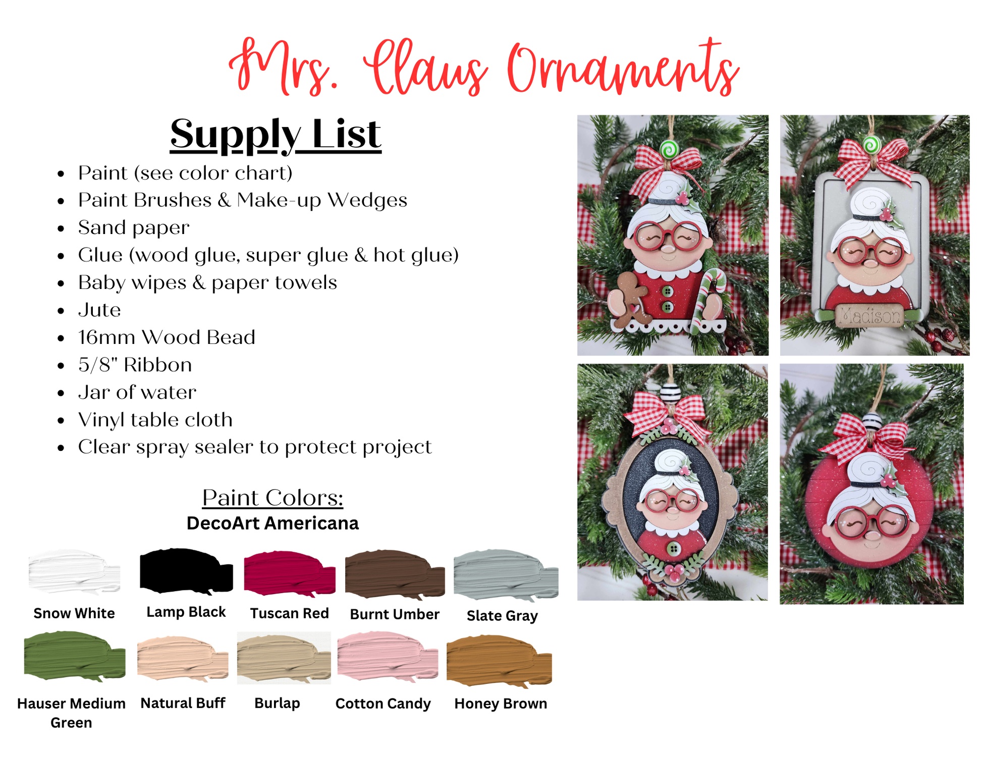 Janet's Craft Corner Mrs. Claus Ornaments kit includes a festive supply list, paint color chart, and four sample photos with Mrs. Claus faces, plaid bows, greenery, and wood beads—perfect for your holiday decorations.