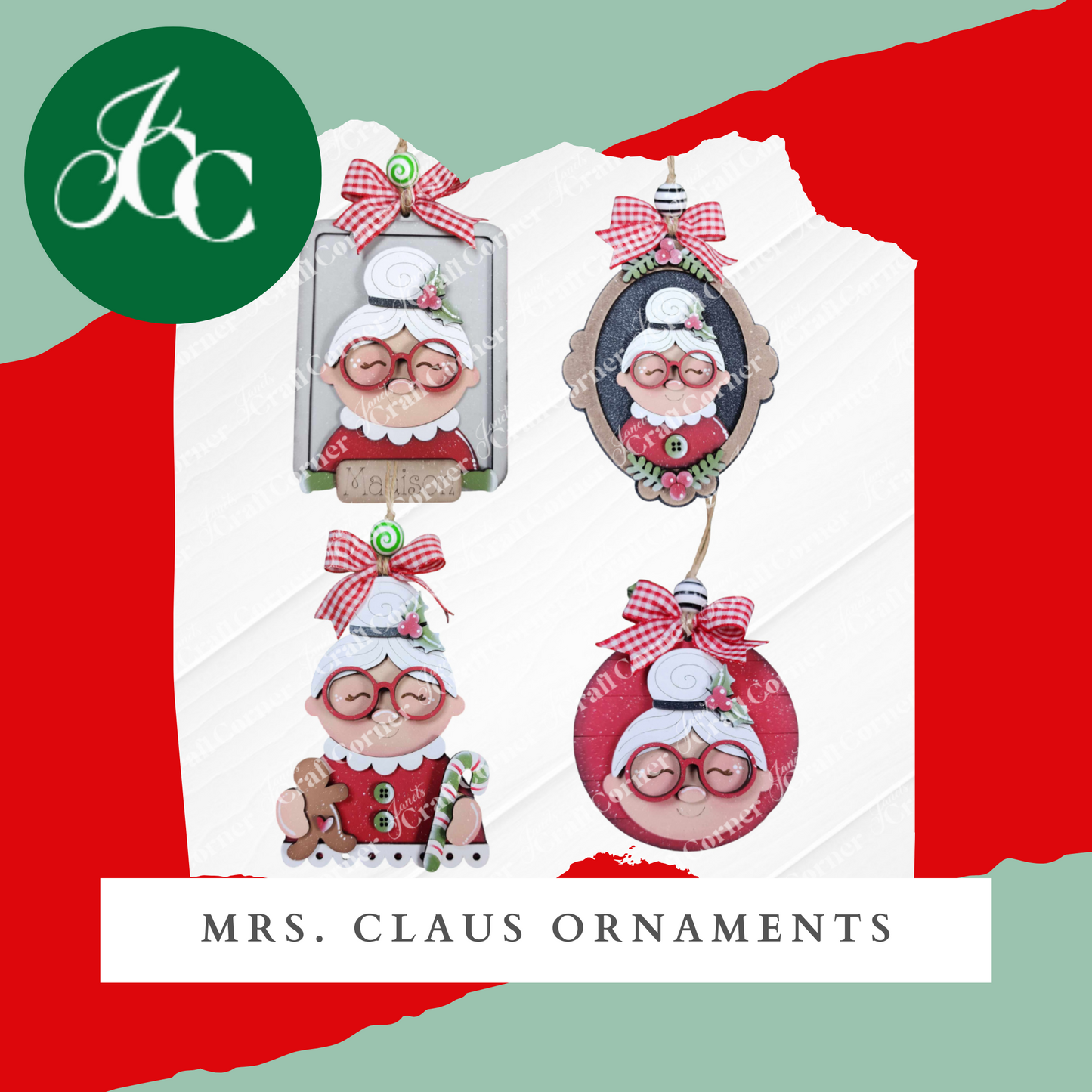 Janet's Craft Corner Mrs. Claus Ornaments—set of four handmade decorations with bows, glasses, and festive details. Perfect to pair with Santa ornaments for a charming red and white holiday display.