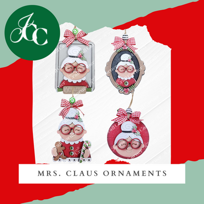 Janet's Craft Corner Mrs. Claus Ornaments—set of four handmade decorations with bows, glasses, and festive details. Perfect to pair with Santa ornaments for a charming red and white holiday display.