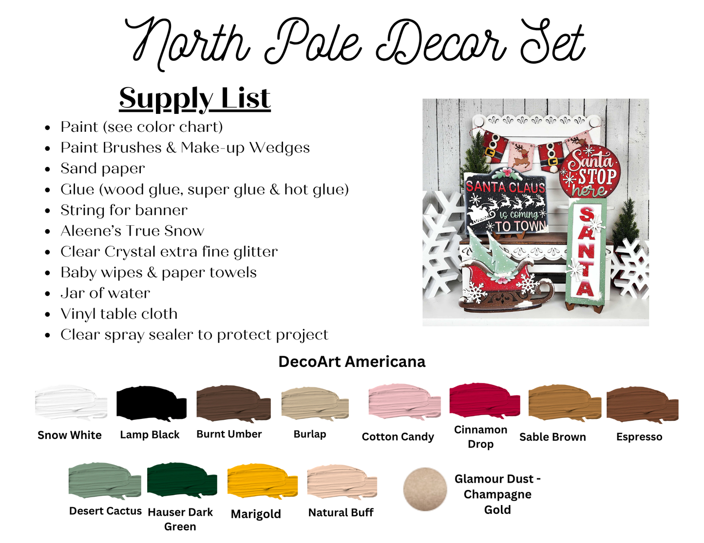 The North Pole Decor Set by Janet's Craft Corner includes paint colors, crafting materials, and sample pieces, featuring images of painted signs, snowflakes, and a DIY kit with color swatches displayed below.