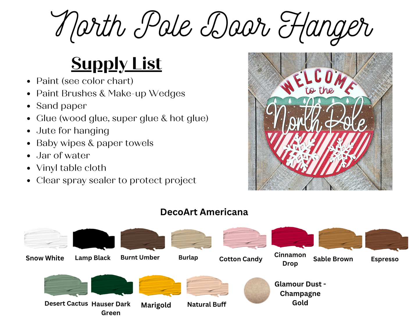 Get a supply list and paint color chart for the North Pole Door/Wall Hanger DIY kit by Janet's Craft Corner—a festive home decor project featuring a sample sign with "Welcome to the North Pole," red/white stripes, snowflakes, and paint swatches.