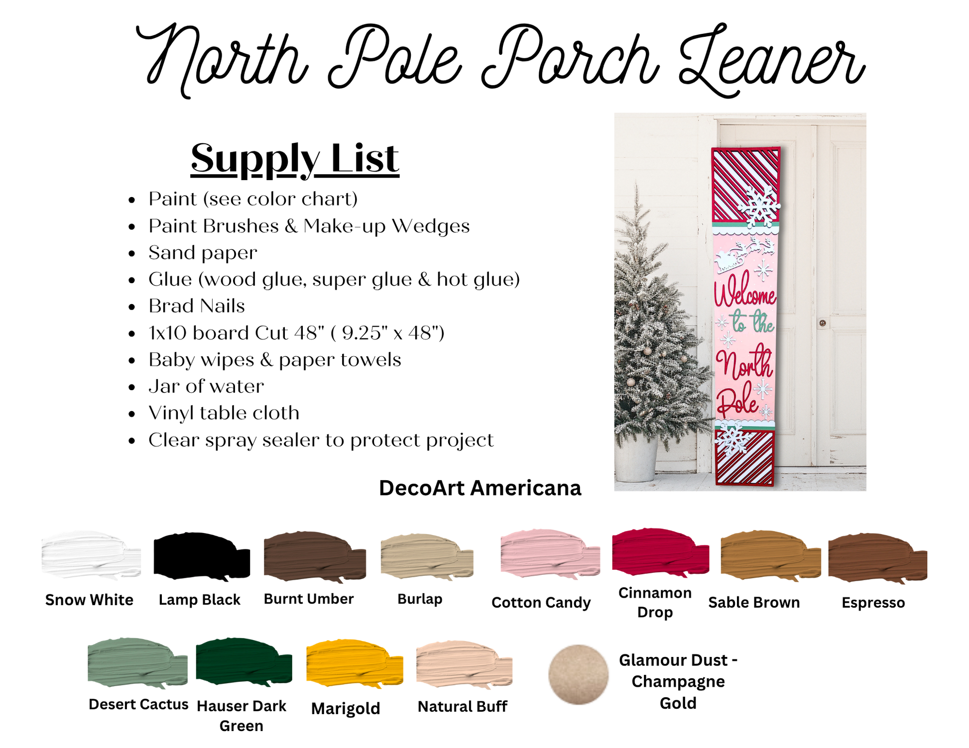 Create a North Pole Porch Leaner sign with Janet's Craft Corner DIY craft kit—includes all supplies and paint. Features festive "Welcome to the North Pole" text and snowflake designs, plus an image of the finished decoration.