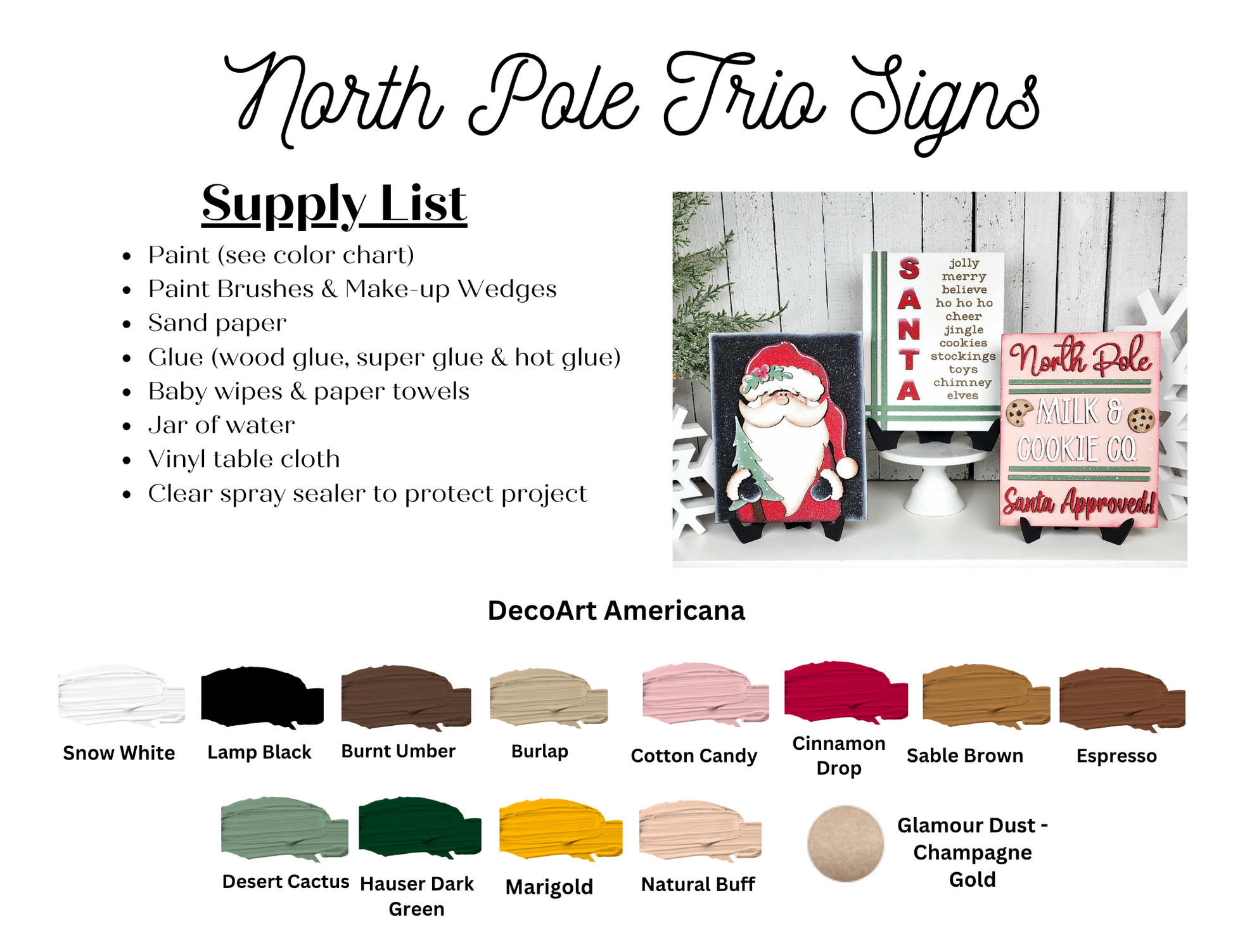 Janet's Craft Corner North Pole Switchable Farmhouse Signs kit includes instructions, a supply list, three festive wood sign designs (Santa, North Pole, Milk & Cookie Co.), and paint swatches—ideal for your next seasonal home decor DIY project.