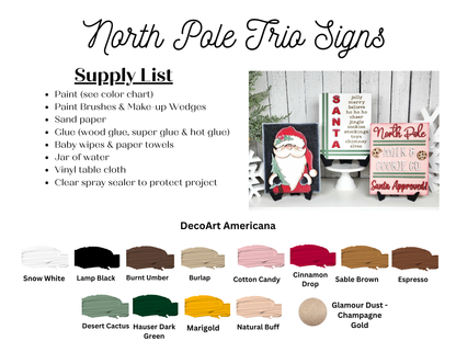 Janet's Craft Corner North Pole Switchable Farmhouse Signs kit includes instructions, a supply list, three festive wood sign designs (Santa, North Pole, Milk & Cookie Co.), and paint swatches—ideal for your next seasonal home decor DIY project.