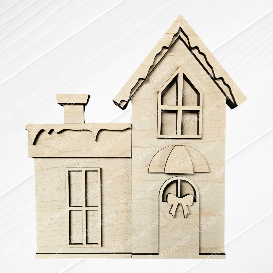 This hand-painted decoration from Janet's Craft Corner is a wooden cutout of a two-story house with a tall, pointed roof. It features four windows, a ribboned door, and a chimney, boasting a natural finish that perfectly complements the Christmas Village Shelf Sitters - Set of 4 | Early Access on your textured white background.