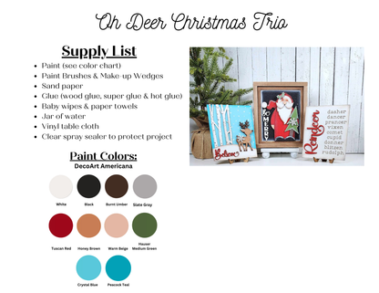 A listing of the supplies needed to complete the Oh Deer Switchable Farmhouse Sign DIY kits from Janet's Craft Corner. The listing includes the DecoArt Americana paint colors used on the sample signs.