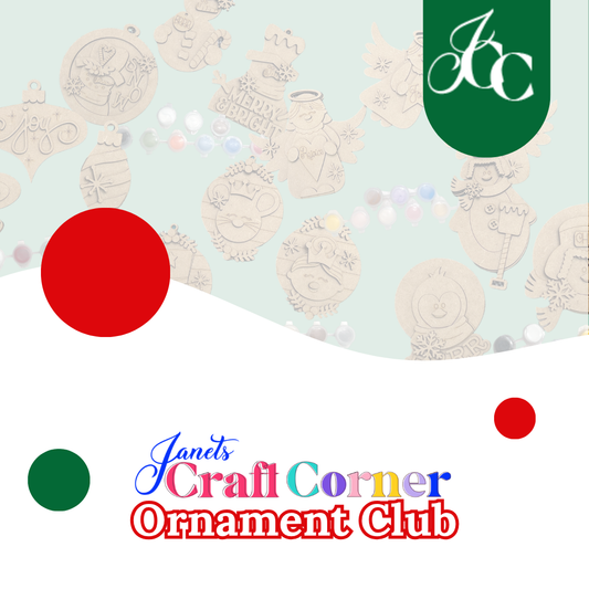 A collection of wooden holiday ornaments displayed on a light background, with “Janet’s Craft Corner Ornament Club” in vibrant lettering underneath, accented by green and red circles and a green logo at the top right—perfectly showcasing our Ornament Club Subscription DIY craft kit as your monthly crafting adventure from Janet’s Craft Corner.