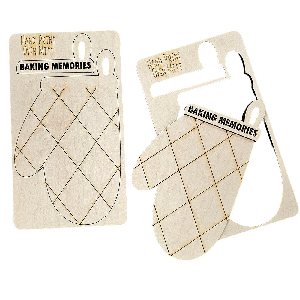 This set includes two wooden cutouts shaped like oven mitts from Janet's Craft Corner, identified as the "Baking Memories Kids Pop Out Kit." One of the mitts is mounted on a backing board, while the other is separate. Both feature a grid design, making them perfect for home décor or crafting as part of your Hand-Painted DIY Craft Kit.