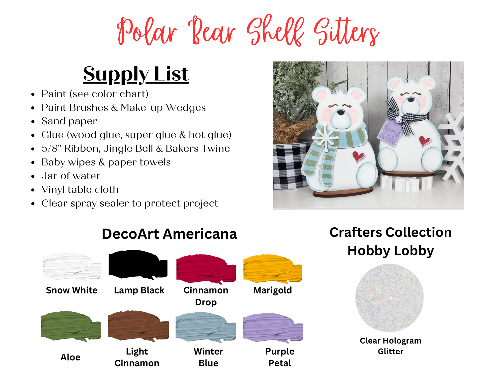 Two Polar Bear Shelf Sitters from Janet’s Craft Corner sit on a shelf with a wood tree. Below is a supply list for this DIY seasonal home decor craft kit—choice of 2—with paint color samples and materials from various brands.
