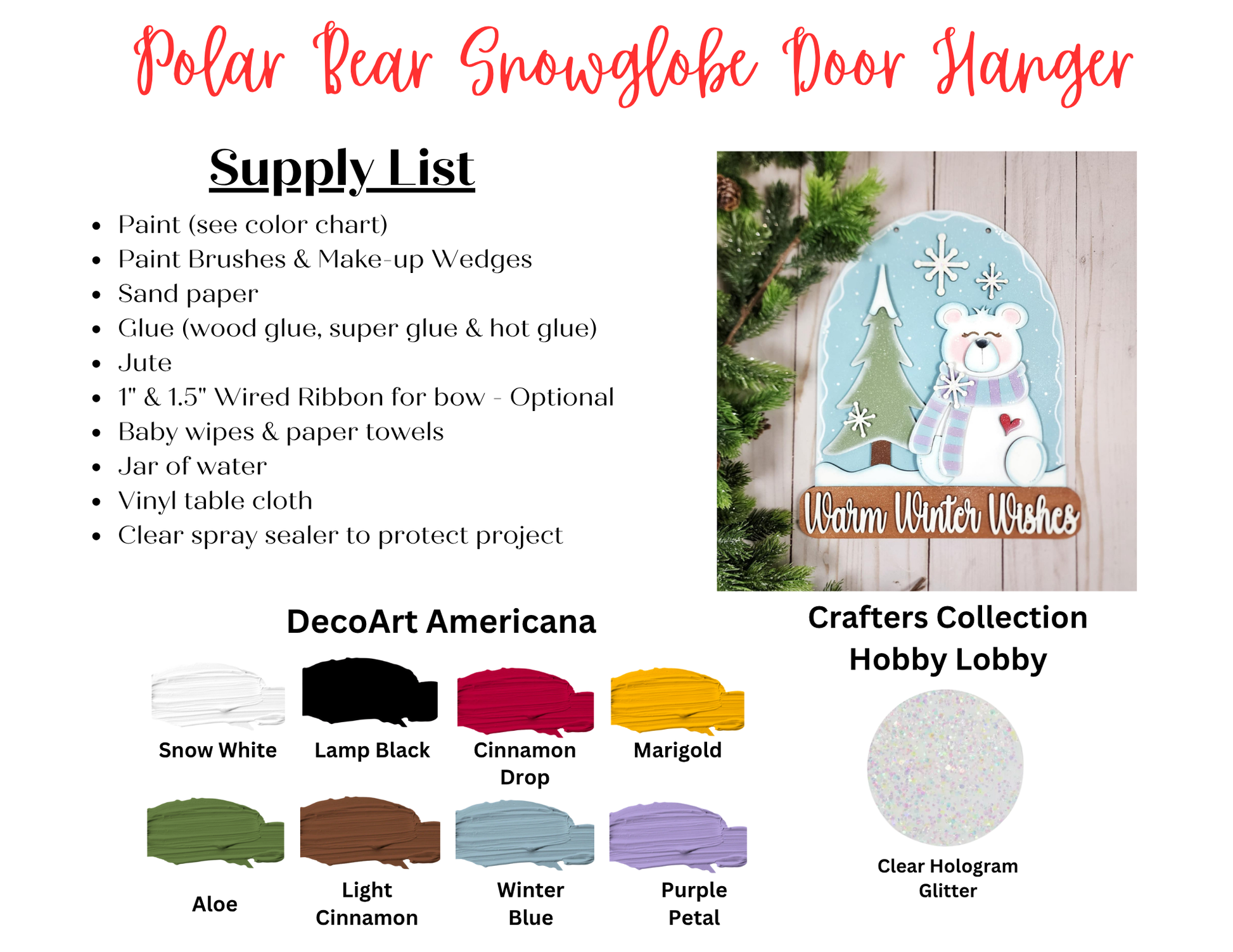 Supply list and paint color chart for Janet's Craft Corner Polar Bear Door/Wall Hanger DIY craft kit—includes example image with white bear, tree, snow, and "Warm Winter Wishes" sign. Ideal for seasonal home décor. Set of 1.