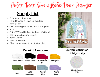 Supply list and paint color chart for Janet's Craft Corner Polar Bear Door/Wall Hanger DIY craft kit—includes example image with white bear, tree, snow, and "Warm Winter Wishes" sign. Ideal for seasonal home décor. Set of 1.