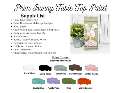Craft a charming "Bunny Table Top Pallet" with Janet's Craft Corner DIY kit. It includes instructions, paint, brushes, wood cut-outs, glue, and decor. Choose from various paint colors to create a delightful bunny decoration with greenery.