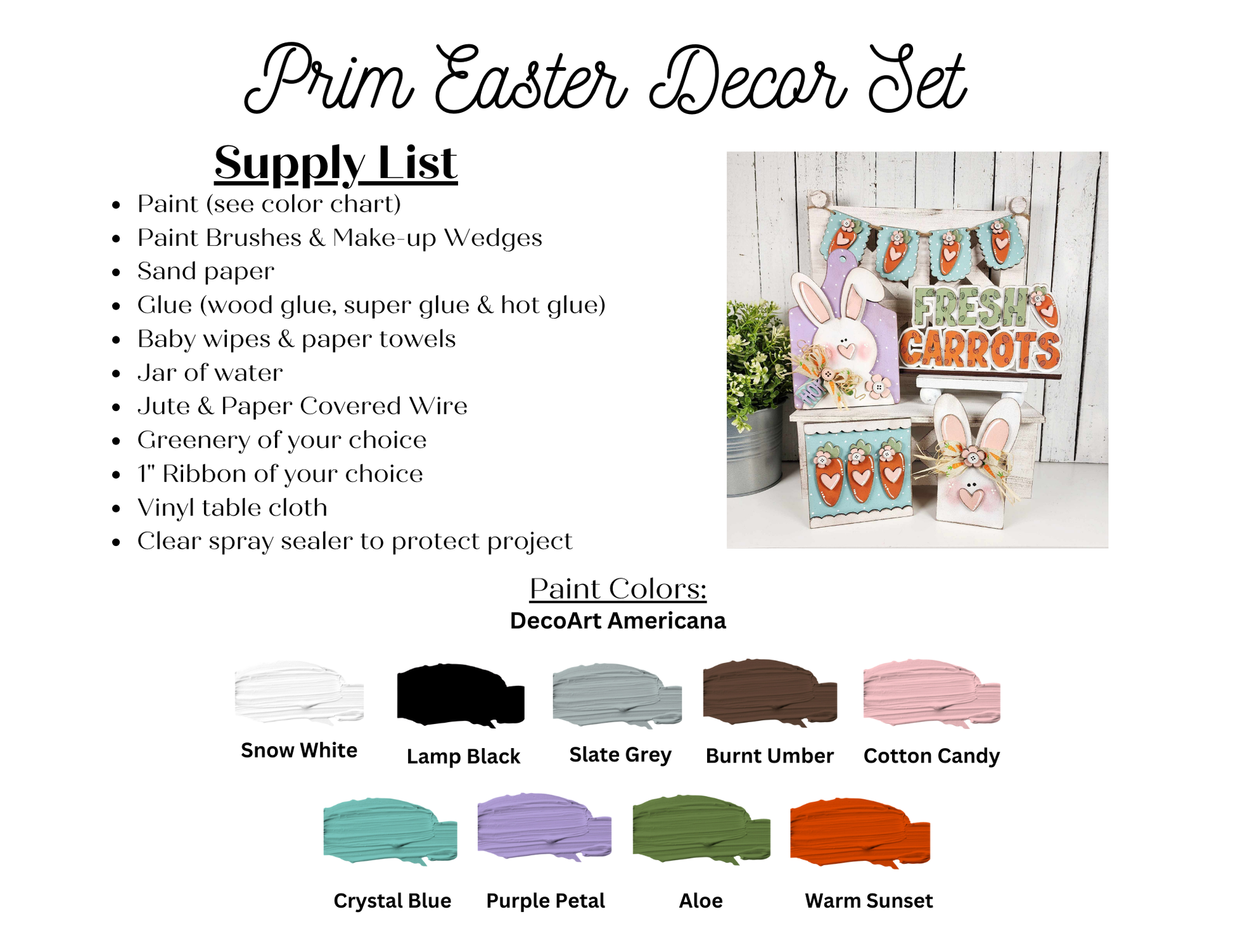 Supply list for Janet's Craft Corner Bunnies & Carrots Decor Set: Includes Snow White and Cotton Candy paints, wood, glue, twine, a painter’s jar, and a decorative sign with bunny and carrot motifs to add personalized charm.
