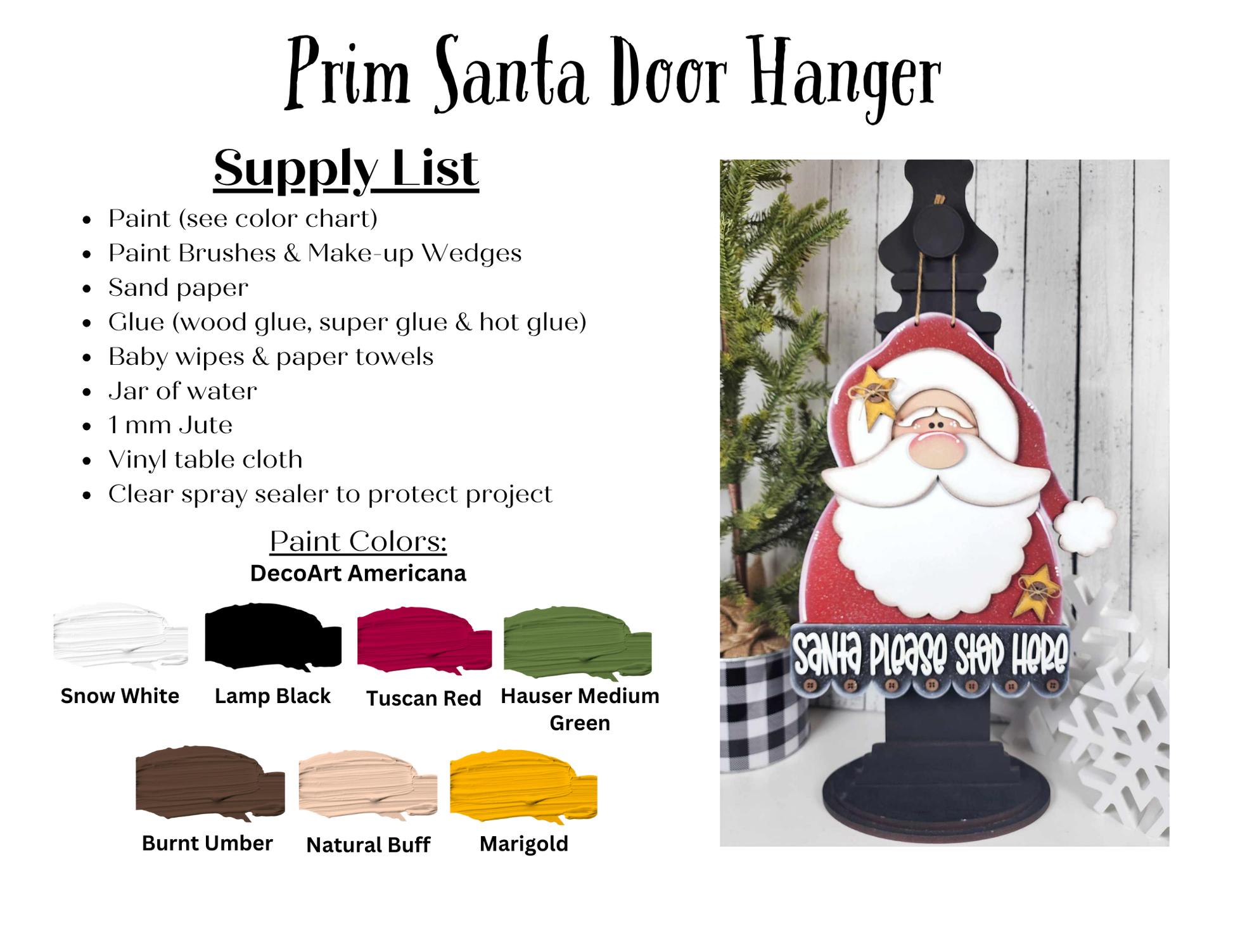 Primative Santa Door Hanger by Janet's Craft Corner—includes instructions, supply list, paint colors, and an image of this festive decor holding a "Santa Please Stop Here" sign; perfect near greenery or on a black stand for the holidays.