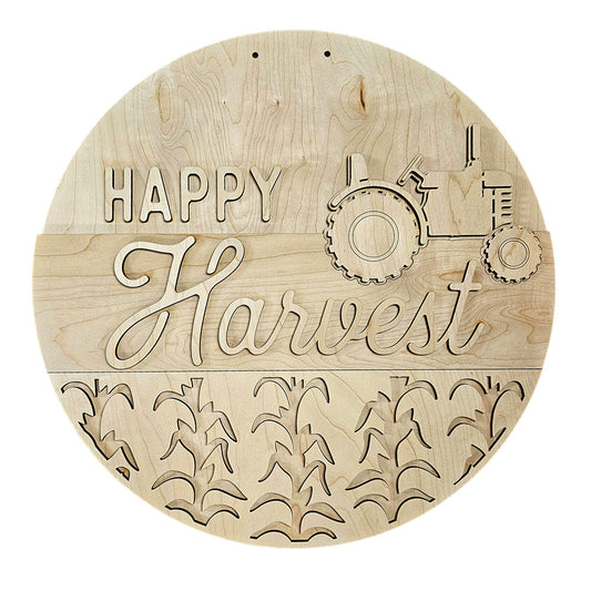 Introducing the "Happy Harvest Door Hanger" by Janet's Craft Corner, a round piece of rustic wooden decor perfect for your home. This DIY home decor kit features "Happy Harvest" engraved on its light-colored wood, which beautifully showcases its natural grain. Above the word "Harvest," you'll find a delicate tractor outline, complemented by corn stalks below, making it an ideal choice for a DIY door hanger kit or hand-painted craft project.