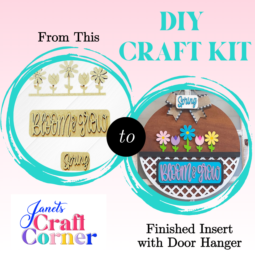 Unleash your creativity with Janet's Craft Corner! Transform an unfinished wood set into a vibrant door hanger featuring "Bloom & Grow," complete with spring embellishments and interchangeable inserts. Add charming Spring Blooms flair. Product: Bloom & Grow Interchangeable Insert DIY kit.