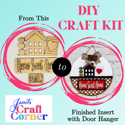 Janet’s Craft Corner Home Sweet Home Interchangeable Insert DIY kit (1 set, 3 pieces) shown before and after your custom touch. Includes logo and text: “From This to Finished Insert with Door Hanger.”.
