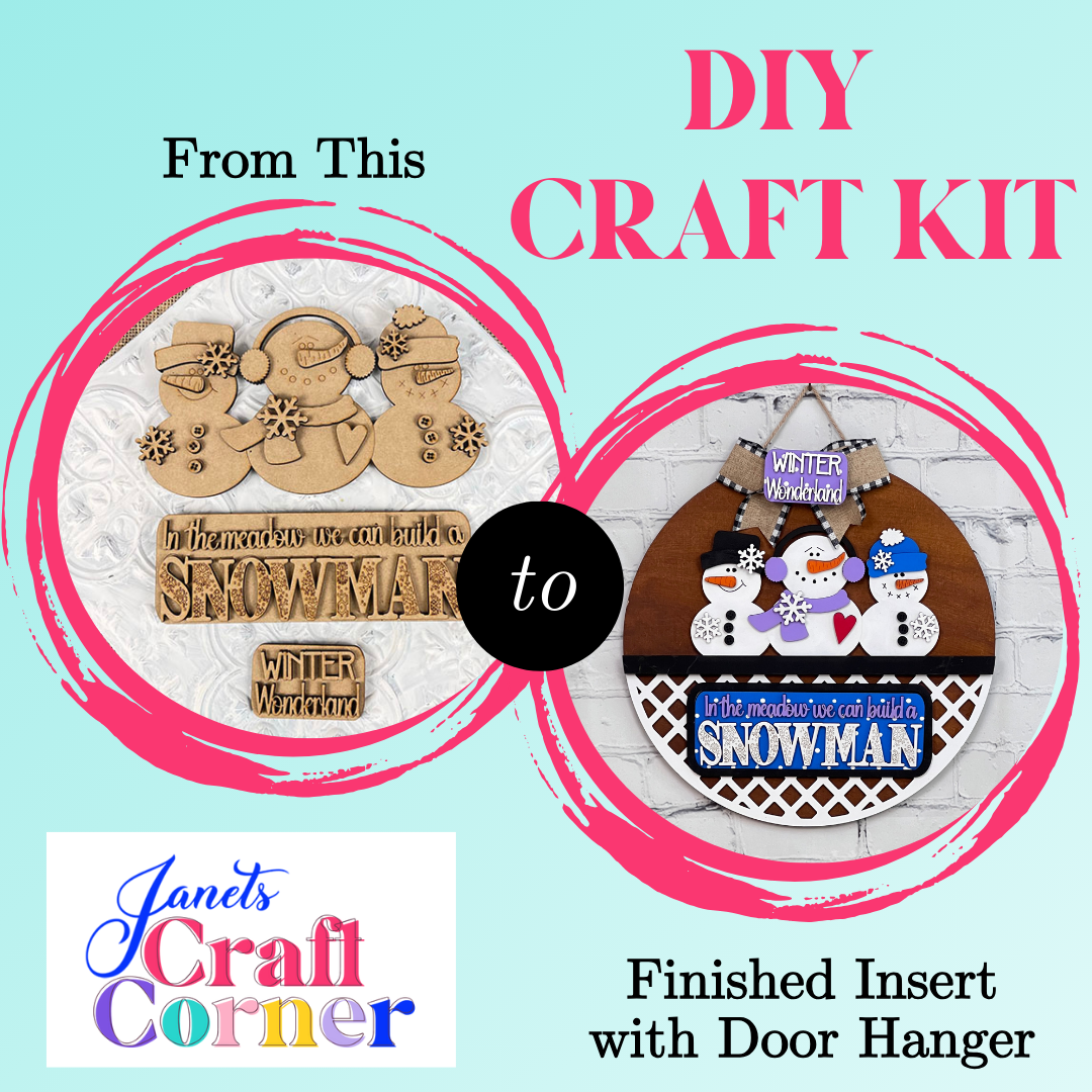 A DIY craft kit ad shows a raw wooden snowman labeled "From This" and a finished Snowman Interchangeable Insert door hanger ("To"). Create festive décor with Janet's Craft Corner's 3-piece kit—logo featured below.
