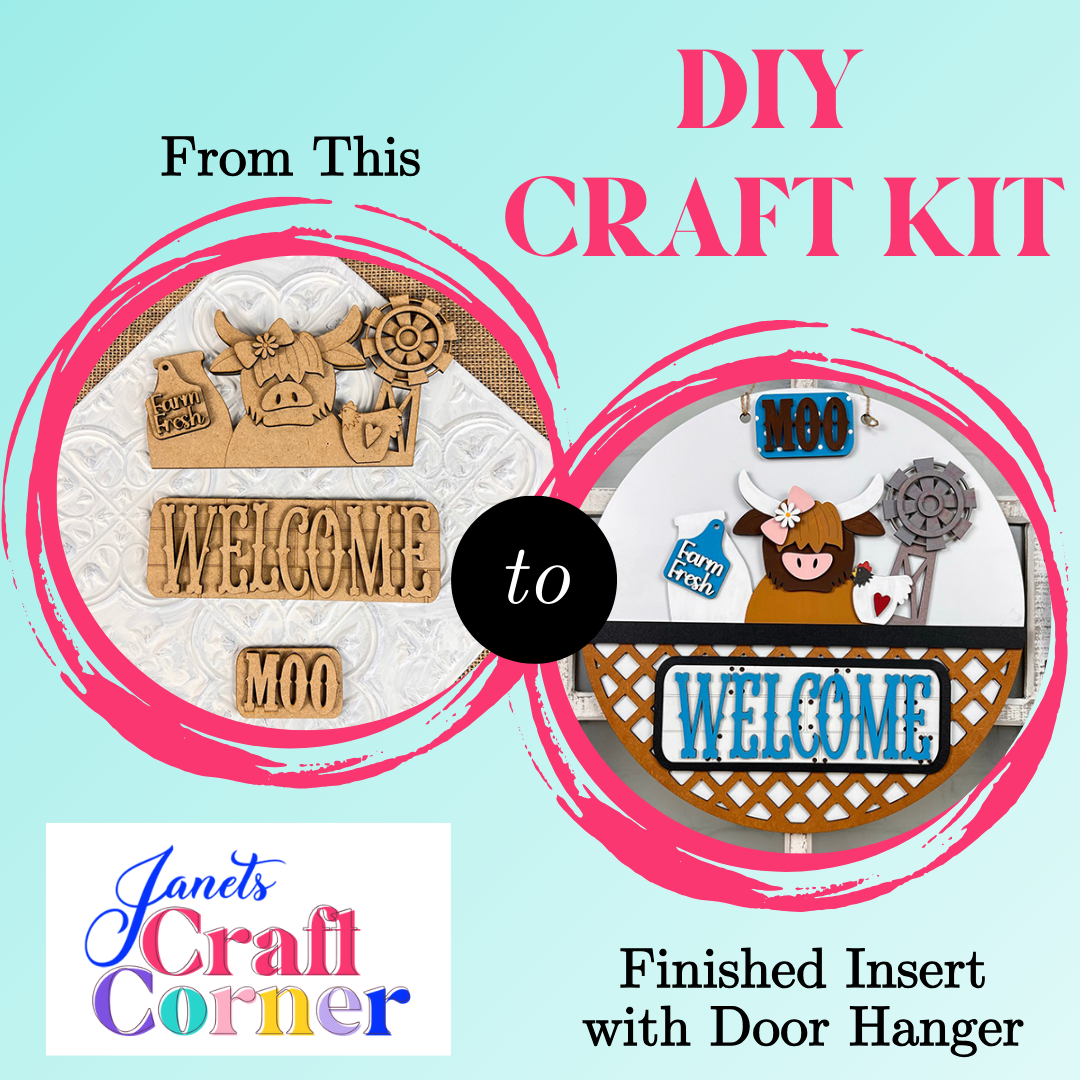This DIY craft kit from Janet's Craft Corner features a charming "Welcome" sign with a Highland Cow design. Transform plain wooden pieces into a colorful, interchangeable home decor door hanger. Includes "Finished Insert with Door Hanger.