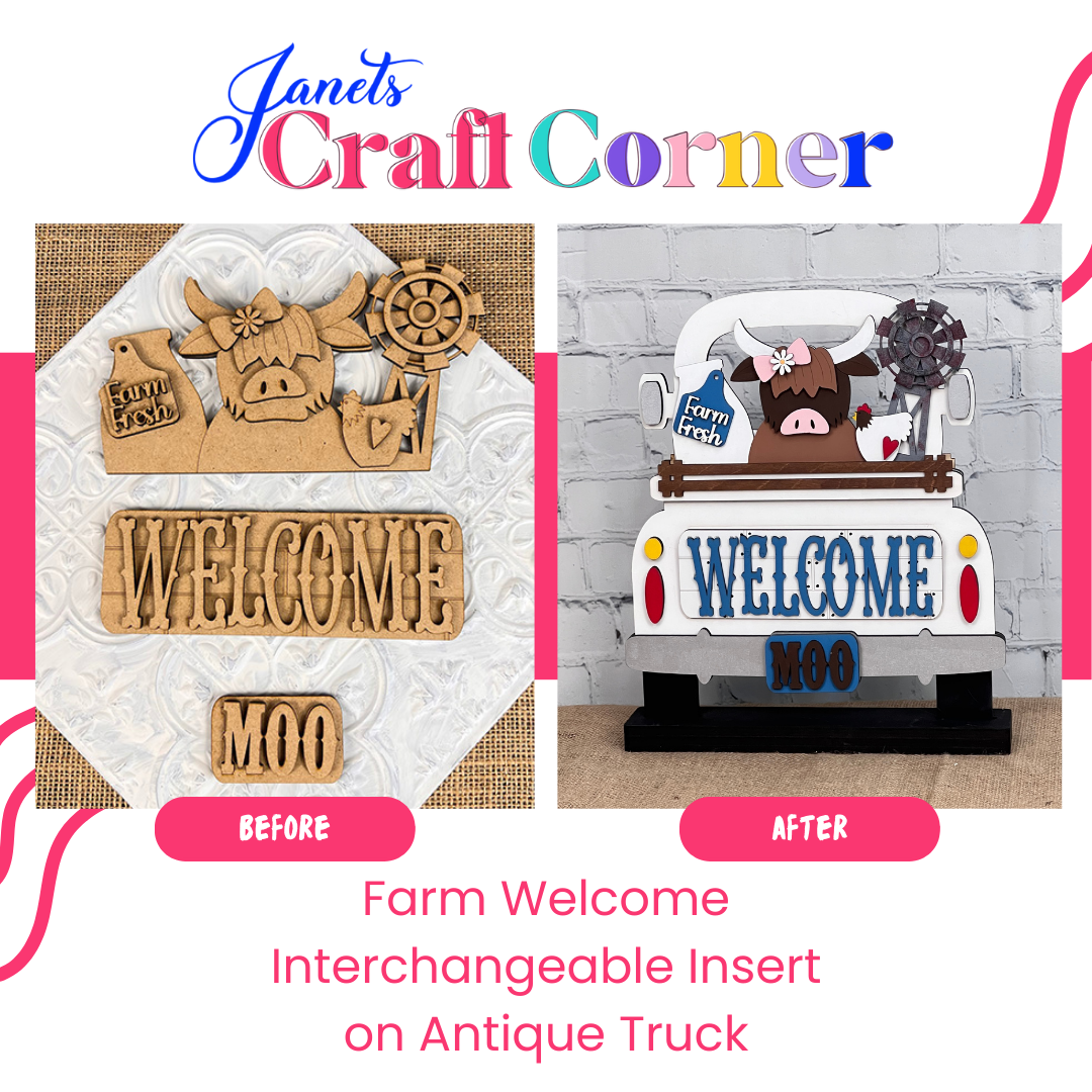 Discover Janet's Craft Corner's Farm Welcome Interchangeable Insert DIY kit. This 3-piece set features an antique truck display with a Highland cow "Farm Fresh" sign and inserts, perfect for charming your space and ideal for DIY craft enthusiasts!.