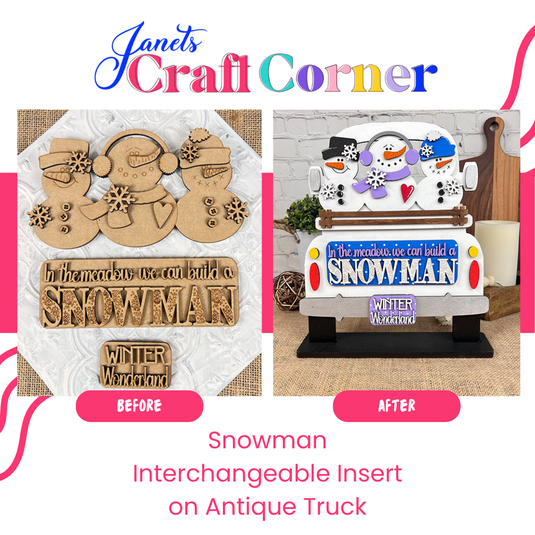 Before and after of the Snowman Interchangeable Insert DIY seasonal home decor kit by Janet’s Craft Corner: left shows plain wood, right displays painted snowmen in a white and blue truck for festive holiday style.
