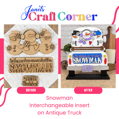 Before and after of the Snowman Interchangeable Insert DIY seasonal home decor kit by Janet’s Craft Corner: left shows plain wood, right displays painted snowmen in a white and blue truck for festive holiday style.