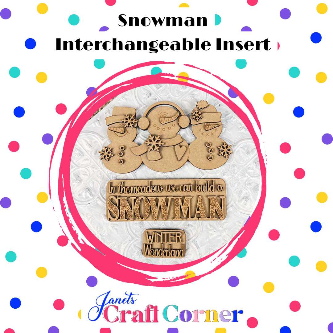 Janet’s Craft Corner’s Snowman Interchangeable Insert DIY kit includes 3 unfinished wooden snowmen and engraved signs, perfect for adding holiday spirit and colorful polka dots to your seasonal home decor.