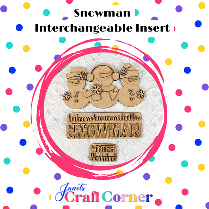 Janet’s Craft Corner’s Snowman Interchangeable Insert DIY kit includes 3 unfinished wooden snowmen and engraved signs, perfect for adding holiday spirit and colorful polka dots to your seasonal home decor.