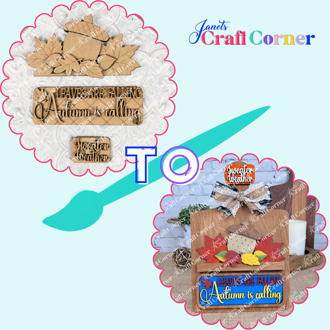 Autumn-themed craft items with text and decorative elements on a light blue background.
