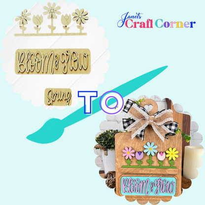 Janet's Craft Corner features a DIY transformation using the "Bloom & Grow" Interchangeable Insert. The wooden plaque goes from plain to vibrant, adorned with paint, bows, and spring blooms, displayed alongside plants with a centered paintbrush graphic. It's part of a 3-piece seasonal home decor craft kit.