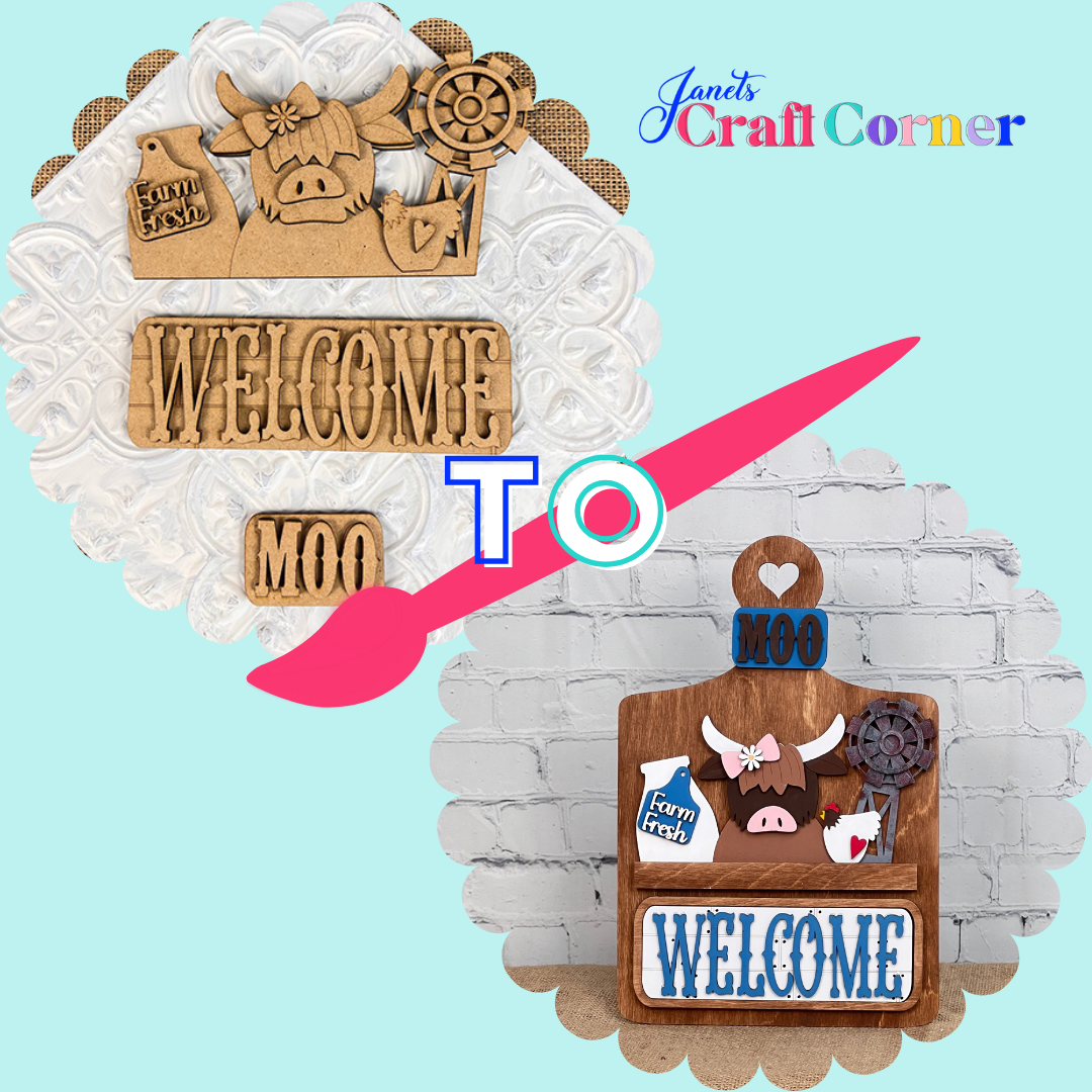The Farm Welcome Interchangeable Insert DIY Home Decor Craft Kit from Janet's Craft Corner includes three cow-themed wooden signs—one with "WELCOME TO MOO" text and farm decor, another with a charming cow illustration, plus a Highland Cow item—all against a blue background. Ideal for DIY enthusiasts.