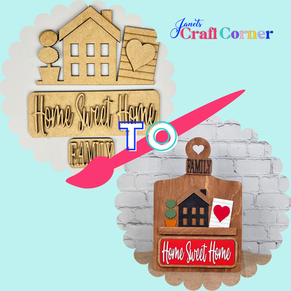 Before-and-after image of a plain “Home Sweet Home Interchangeable Insert” (DIY home decor craft kit, 3 pieces) transformed into a colorful, personalized sign, with the Janet’s Craft Corner logo at the top right.