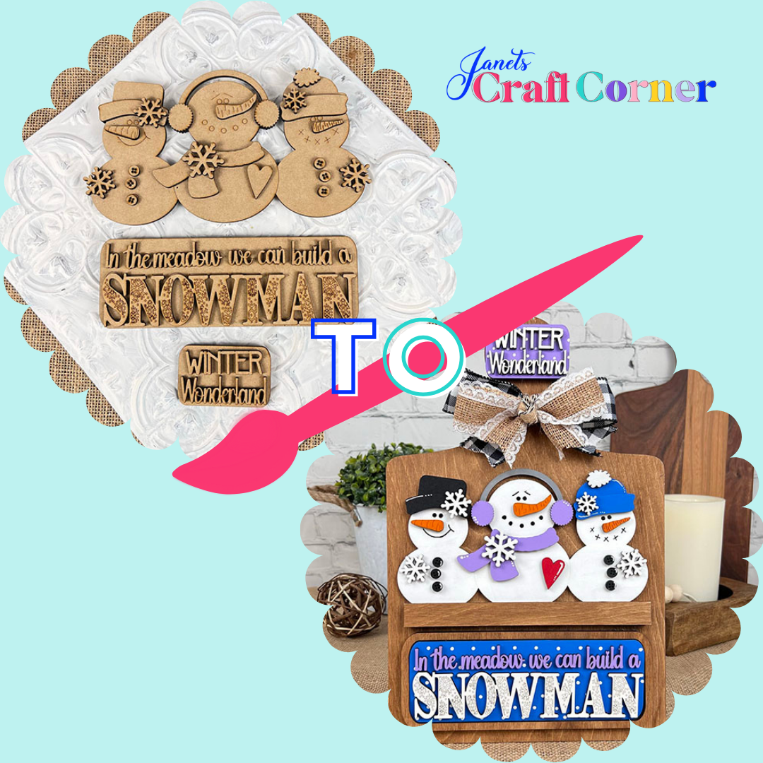 Side-by-side images show the Snowman Interchangeable Insert DIY craft kit by Janet's Craft Corner before and after painting, spreading holiday cheer with "In the meadow we can build a snowman, winter wonderland" text. Pink arrow highlights transformation.