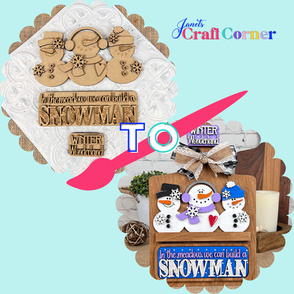 Side-by-side images show the Snowman Interchangeable Insert DIY craft kit by Janet's Craft Corner before and after painting, spreading holiday cheer with "In the meadow we can build a snowman, winter wonderland" text. Pink arrow highlights transformation.