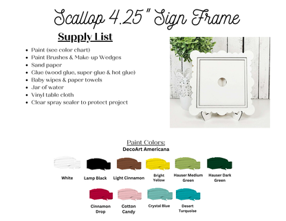 A craft supply list for painting Janet's Craft Corner Scallop Ruffle Square Frame (4.25”), ideal for DIY seasonal decor, with paint swatches in white, black, cinnamon, cotton candy pink, yellow, bright green, green, blue & turquoise.