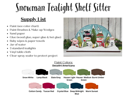 A supply list and paint color guide for Janet's Craft Corner Snowman Tealight Shelf Sitter, featuring snowmen, trees, and tealights against a snowy teal backdrop.