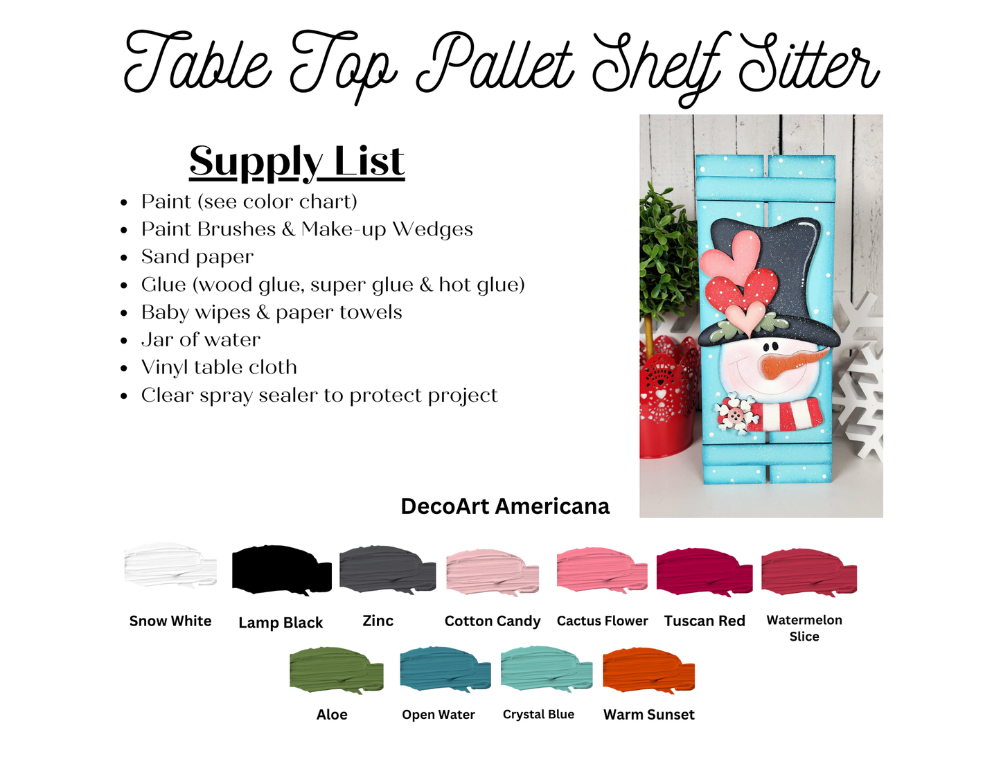 Create adorable winter décor with Janet's Craft Corner Valentine Snowman Table Top Pallet Shelf Leaner DIY kit. Includes supply list, color chart with paint names, and features charming hearts and a red hat—perfect for seasonal home decorating!.