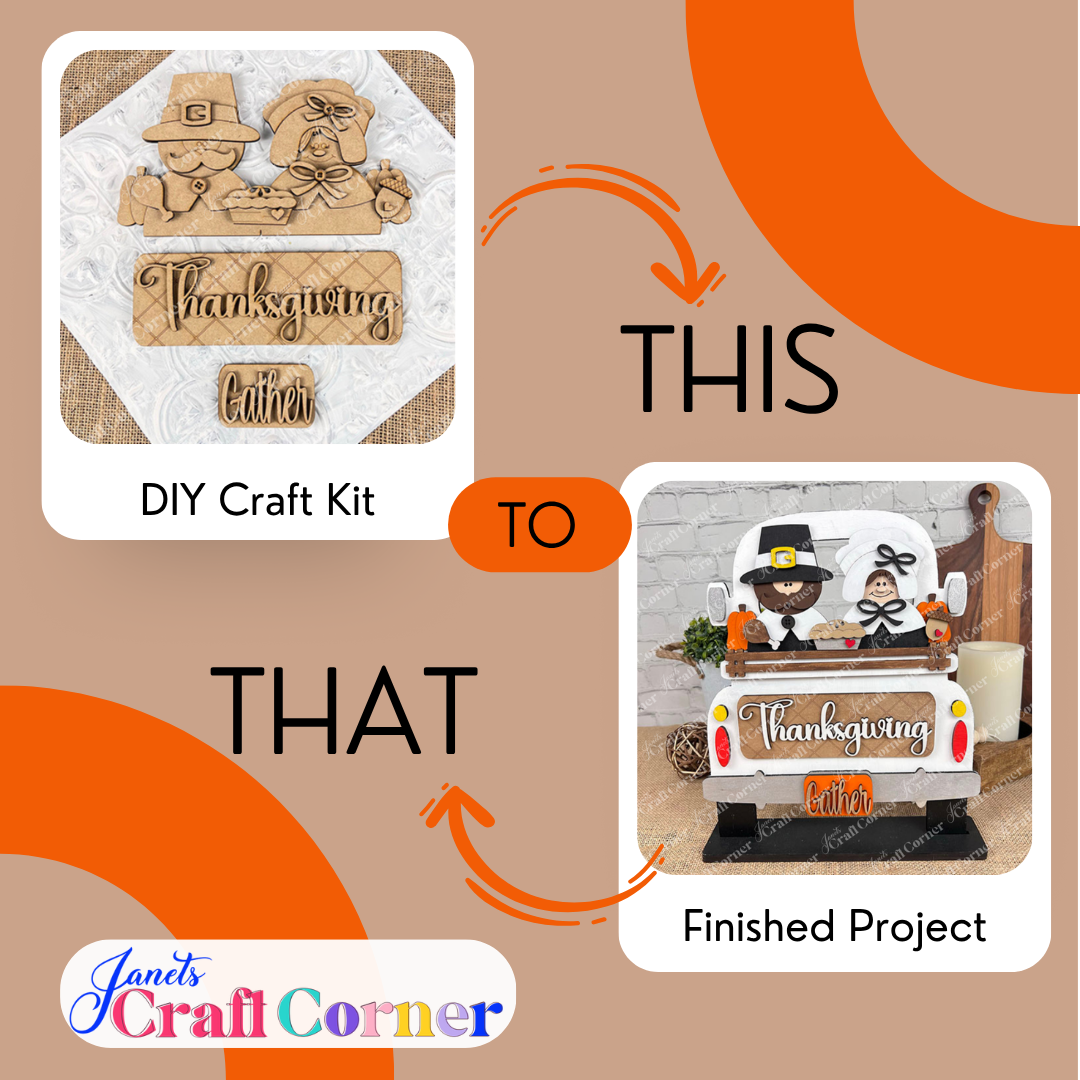 Side-by-side images show Janet's Craft Corner Thanksgiving Pilgrim Interchangeable Insert DIY kit’s unpainted wooden pieces (1 set of 3) on the left, and the finished decor with a “Thanksgiving Gather” truck display on the right.