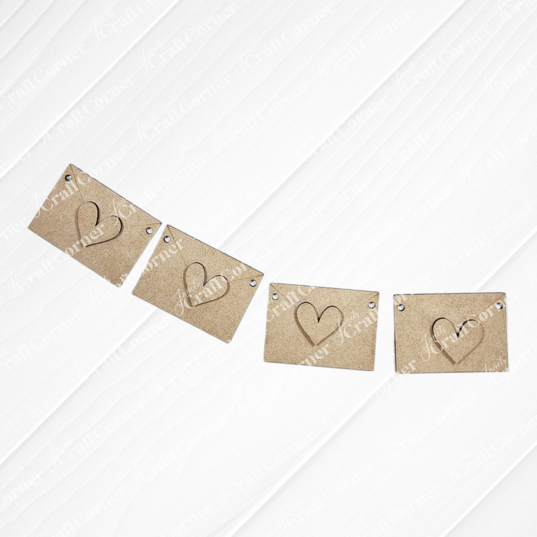 The Valentine Love Letters Decor Set by Janet's Craft Corner features four brown rectangular tags with cut-out heart designs, hanging in a row on a white background. Attached with small metal rings, this DIY kit adds personalized charm to your home décor, perfectly spaced and aligned.