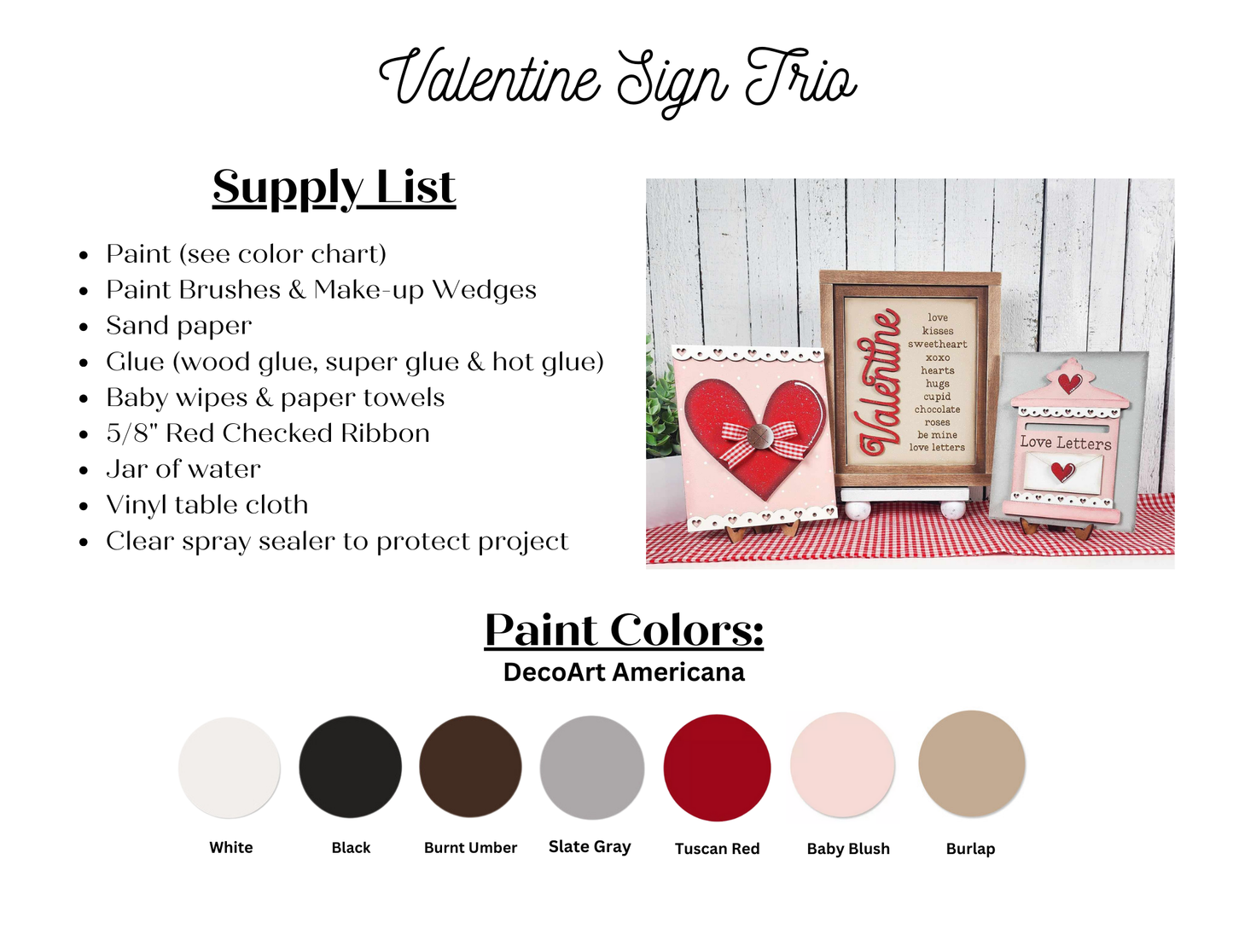 Design an adorable Valentine's Day DIY craft with Janet's Craft Corner Love Letters Mailbox Interchangeable Sign kit. Featuring hearts, "Valentine" text, ribbon, lace, and cozy Tuscan Red and Slate Gray paints for the perfect farmhouse charm.