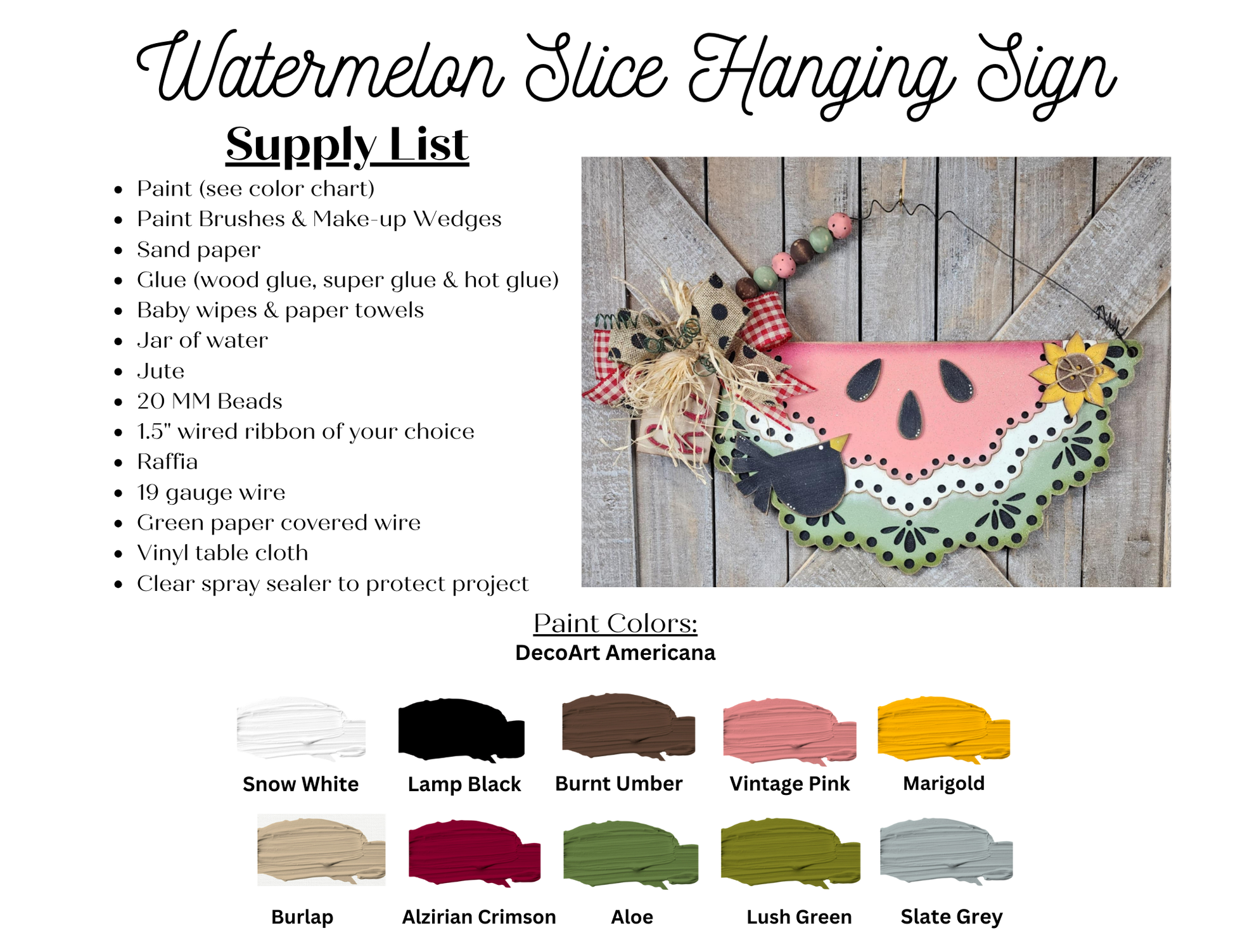 The Vintage Watermelon Slice Sign DIY craft kit by Janet's Craft Corner features painted seeds, a raffia bow, ribbons, and beaded string—perfect for seasonal home decor and creative display. Set of 1.