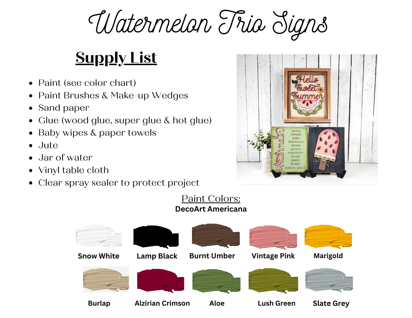 Image displaying the supply list and paint colors for Janet's Craft Corner Vintage Watermelon Switchable Farmhouse Signs DIY kit—includes three summer signs (watermelon slice, mason jar, rectangle) for seasonal home decor. Set of 1.