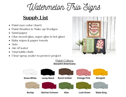 Image displaying the supply list and paint colors for Janet's Craft Corner Vintage Watermelon Switchable Farmhouse Signs DIY kit—includes three summer signs (watermelon slice, mason jar, rectangle) for seasonal home decor. Set of 1.