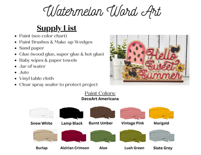 Supply list and paint color chart for Janet's Craft Corner Vintage Watermelon Word Art Shelf Sitter, perfect for summer decor. Includes a finished example and labeled paint color swatches.