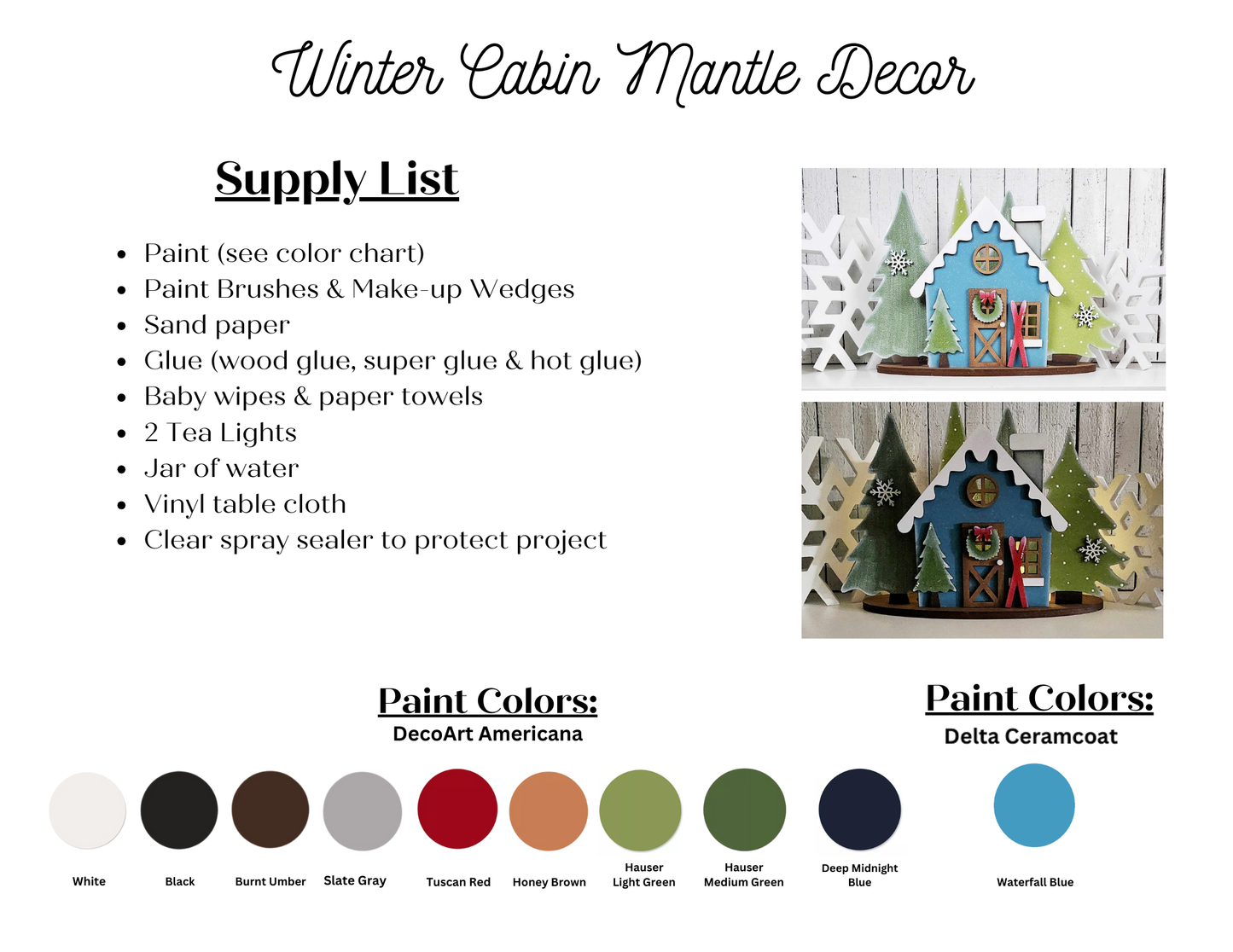 Instruction sheet titled "Winter Cabin Votive Holder" from Janet's Craft Corner, featuring a supply list that includes paint, brushes, sandpaper, and other materials for your DIY Craft Kit. It also showcases a color palette with various paint colors and an image of a decorated cabin to inspire your handmade home décor.