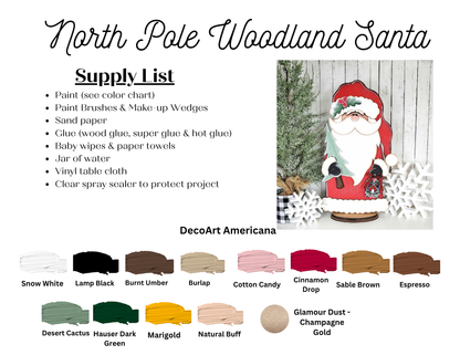 Janet's Craft Corner Woodland Santa Shelf Sitter DIY kit includes a painted shelf sitter, paint swatches, water jar, wipes, vinyl tablecloth, glue, sealer spray & DecoArt Americana paint—ideal for holiday décor or crafting.