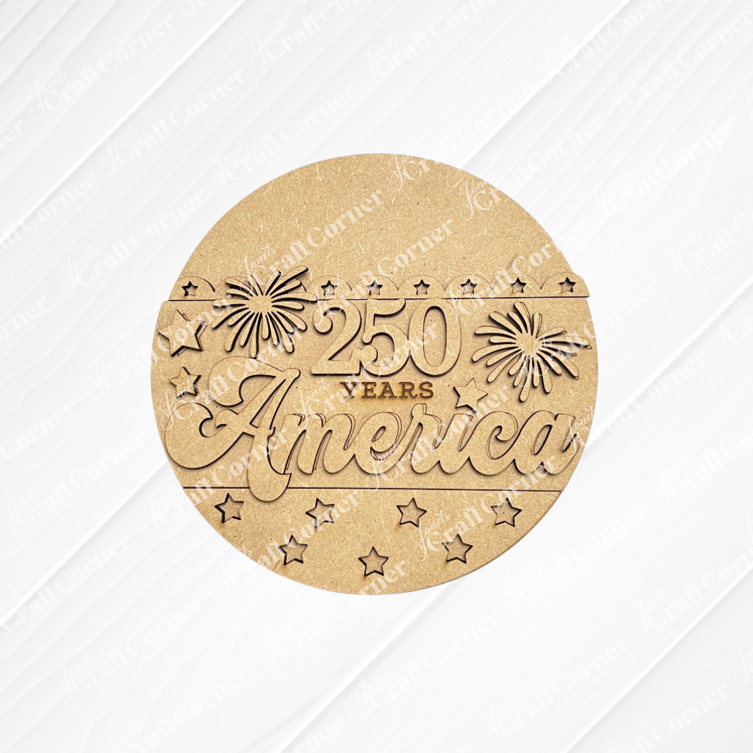 Celebrate America's 250th with Janet's Craft Corner's America 250 Mini Shelf Sitters DIY craft kit, featuring an engraved wooden plaque with fireworks and stars—patriotic décor perfect for your home or tiered tray.